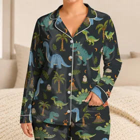 Playful Dinosaur Scatter on Charcoal for Cozy Bedtime Gifts for Kids and Teens Satin Pajamas Set