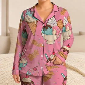 Bubblegum Pink Candy Dessert Bedtime Set With Sweet Treat Motifs For Teens And Women Satin Pajamas Set