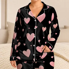 Blush Heart Motif for Cozy Nights, Valentine Gifts, Women Satin Pajamas Set