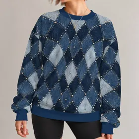Indigo Denim Argyle with Silver Studs for Autumn Weekend Casual Style All-over Print Knitted Sweater