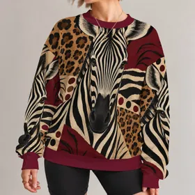 Zebra And Leopard Patchwork Animal Motif For Everyday Casual Style All-over Print Knitted Sweater