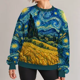 Starry Night Sky and Golden Wheat Fields for Artful Everyday Outfits and Creative Women All-over Print Knitted Sweater