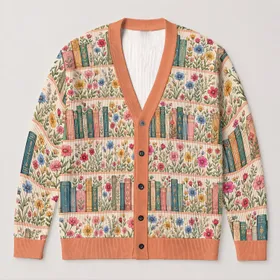 Colorful Bookshelf Florals for Cozy Autumn Reading and Everyday Study Style for Teens All-over Print Knitted Cardigan