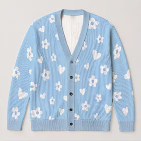 Powder Blue Hearts and Daisies for Cheerful Everyday Spring and Weekend Style All-over Print Knitted Cardigan