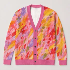 Vibrant Pink Yellow Abstract Brushstrokes for Autumn Weekend Layering Women All-over Print Knitted Cardigan