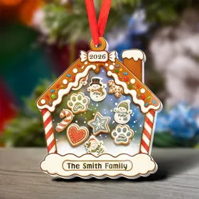 Personalized Gingerbread House Shaker Ornament – Custom Family & Pet Names, Year Christmas Keepsake