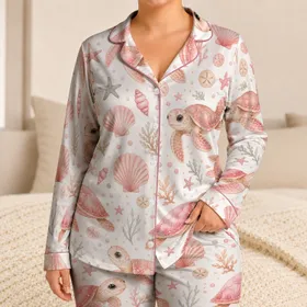 Pink Sea Turtle Coastal Style for Beach Getaways, Cozy Lounging, and Gift Giving Satin Pajamas Set