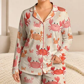 Cheerful Crab Motif For Beach Vacation Relaxation And Coastal Summer Gift For Her Satin Pajamas Set