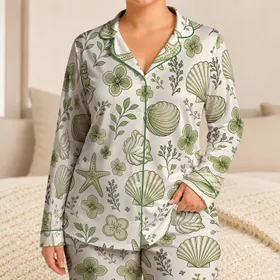 Coastal Shell And Starfish Resort Lounge Essential For Women Beach Getaways Warm White Satin Pajamas Set
