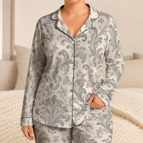 Ivory Gray Baroque Scroll Lounge Wear for Elegant Home Nights, Giftable Unisex Adults Satin Pajamas Set