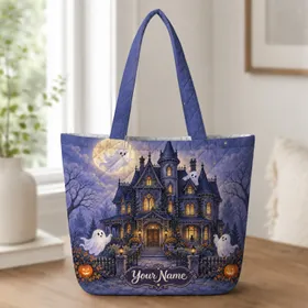 Moonlit Haunted Mansion Ghosts and Pumpkins for Halloween Night Out and Autumn Gifts Quilted Tote Bag