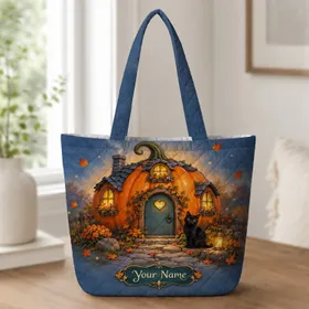 Whimsical Pumpkin Cottage And Black Cat For Cozy Autumn Halloween Gift For Her Lovers Quilted Tote Bag