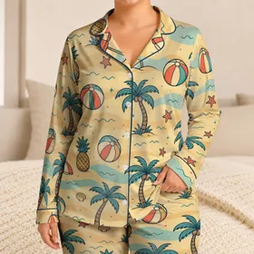 Retro Tropical Palm Tree Beach Holiday Set for Women, Cozy Seaside Getaway Vibes Satin Pajamas Set