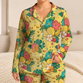 Tropical Fruit And Flower Summer Lounge Gift For Women, Lemon Yellow Cheerful Look Satin Pajamas Set