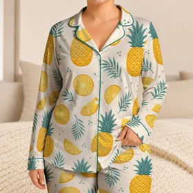 Tropical Pineapple Motifs For Vacation Getaways And Easy Resort Style Gift For Her Satin Pajamas Set