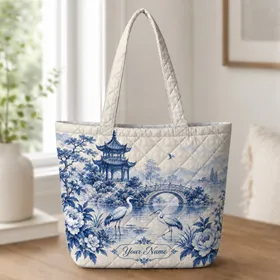 Blue Pagoda Garden and Bridge Scene for Mahjong Gatherings and Thoughtful Gifts for Her Quilted Tote Bag