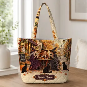 Autumn Witch Café Scene with Black Cats for Halloween Outings and Cozy Fall Gifts Quilted Tote Bag