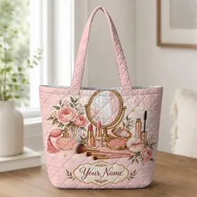 Pink Makeup Vanity Essentials for Beauty Lover Birthday Gift and Glam Travel Style Quilted Tote Bag