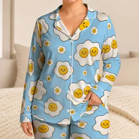 Smiling Fried Egg Motif For Cozy Bedtime, Giftable Lounge Style For Women At Home Satin Pajamas Set