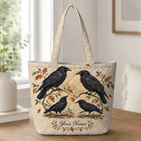 Vintage Raven Woodland Autumn Gothic Bird Style For Cottagecore Nature Lovers Quilted Tote Bag