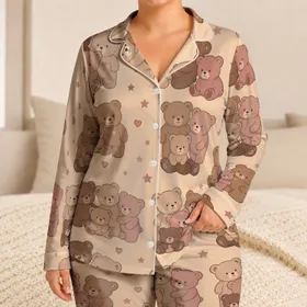 Morandi Teddy Bear Lounge Style For Cozy Nights At Home, Women Apricot Beige Charm Satin Pajamas Set