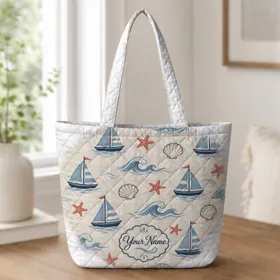 Sailboat Seashell Starfish Coastal Motif for Summer Beach Days and Seaside Getaways Quilted Tote Bag
