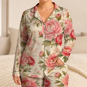 Romantic Peony Blooms In Soft Ivory Blush For Summer Lounging, Giftable For Women Satin Pajamas Set
