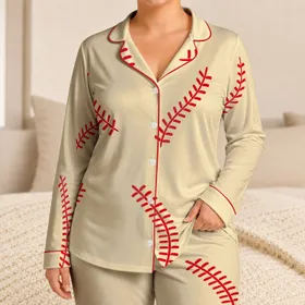 Buttercream Baseball Stitch Motif Sleepwear for Summer Lounging, Youthful Gift Idea Satin Pajamas Set
