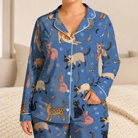 Playful Cat Motifs For Cozy Bedtime Lounging And Weekend Relaxation, Gift For Cat Lovers Satin Pajamas Set