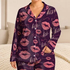 Pink Kiss Lips Romantic Lounge Apparel For Valentine's Day, Couples, Women And Gifting Satin Pajamas Set