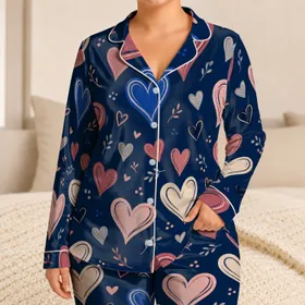 Navy Blue Heart Motif Cozy Valentine's Day Loungewear Gift for Romantic Women and Couples Satin Pajamas Set