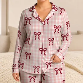 Blush Gingham Burgundy Bow Romantic Cottage Style Cozy Lounging for Women and Teens Satin Pajamas Set