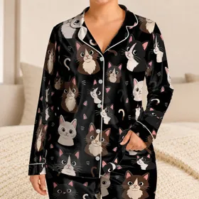Cute Cat Faces On Black Background For Cozy Bedtime Relaxation, Women’s Spring Summer Satin Pajamas Set