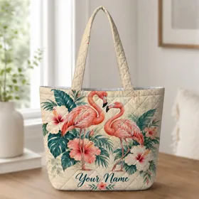 Tropical Flamingo Pair and Hibiscus for Sunny Summer Getaways and Beach Days Quilted Tote Bag