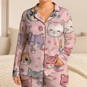 Cute Cat Faces For Cozy Bedtime Lounging, Soft Pastel Kawaii Gift For Cat Lovers Satin Pajamas Set