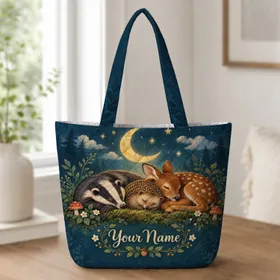 Moonlit Woodland Deer, Hedgehog And Badger For Cozy Nature Lovers And Forest Dreamers Quilted Tote Bag
