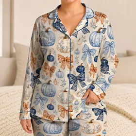 Bow Pumpkin Autumn Motif For Cozy Fall Lounging And Seasonal Gifting For Women At Home Satin Pajamas Set