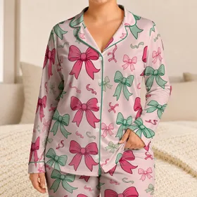 Pink And Green Ribbon Bows For Sweet Lounge Style, Gift Giving, And Cozy Weekends Satin Pajamas Set