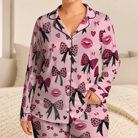Leopard Bows And Lipstick Hearts For Glamorous Lounging And Romantic Gifts For Women Satin Pajamas Set