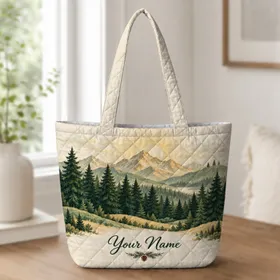 Layered Evergreen Forest Mountains for Nature Lovers, Woodland Walks, and Moms Gift Quilted Tote Bag