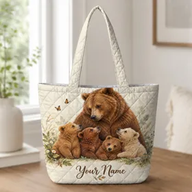 Woodland Bear Family With Four Cubs In Autumn Forest Gift For Nature Loving Women Quilted Tote Bag