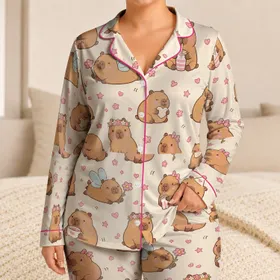 Cute Capybara Fairy Tea Party Lounge Gift For Women And Girls, Cozy Home Comfort Satin Pajamas Set