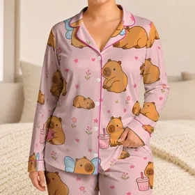 Cute Capybara Pink Star Loungewear for Playtime and Vacation Days for Young Children Satin Pajamas Set