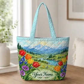 Wildflower Mountain Valley Scenery for Nature Lovers, Birthday and Travel Gifts Quilted Tote Bag