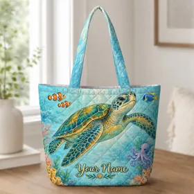 Sea Turtle And Coral Reef Gift For Ocean Lovers, Beach Days And Tropical Getaways Quilted Tote Bag
