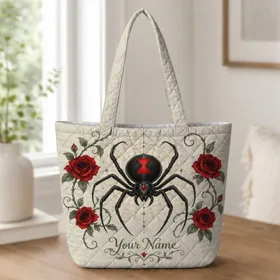 Black Widow Spider and Scarlet Roses for Moody Gothic Style and Halloween Gifting Quilted Tote Bag