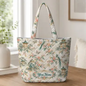 Chinoiserie Pagodas And Blossoms For Mahjong Nights And Elegant Garden Gatherings Quilted Tote Bag