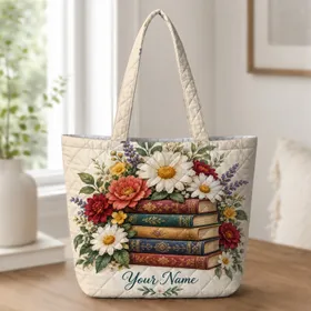 Vintage Books and Garden Blooms for Reading Lovers, Library Days and Book Club Quilted Tote Bag