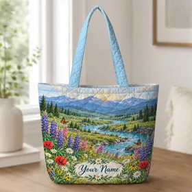 Mountain Wildflower River Meadow for Cottagecore Laundry Room and Nature Lover Gifts Quilted Tote Bag