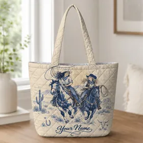 Blue Western Cowgirl Horseback Scene for Rodeo Days and Ranch Life Quilted Tote Bag